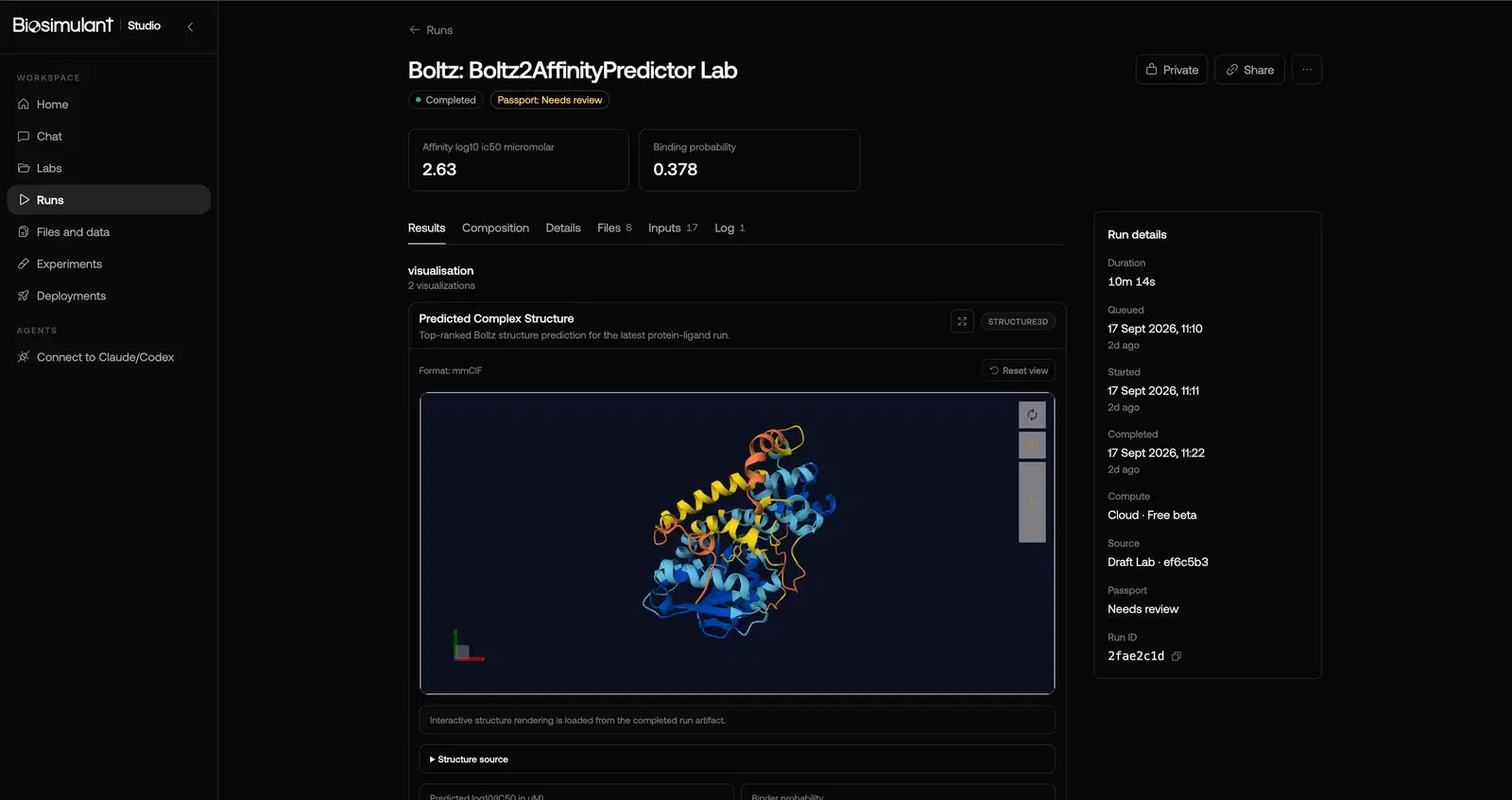 The Results tab of a completed Boltz-2 affinity run: an affinity score of 2.63 and binding probability of 0.378 above a rendered protein-ligand complex, with run details listed alongside.