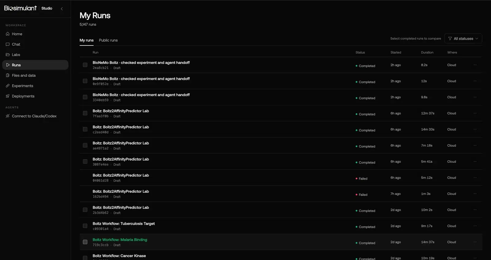 The Runs list in Biosimulant Studio, showing completed and failed runs with their start times, durations and whether they ran in the cloud.